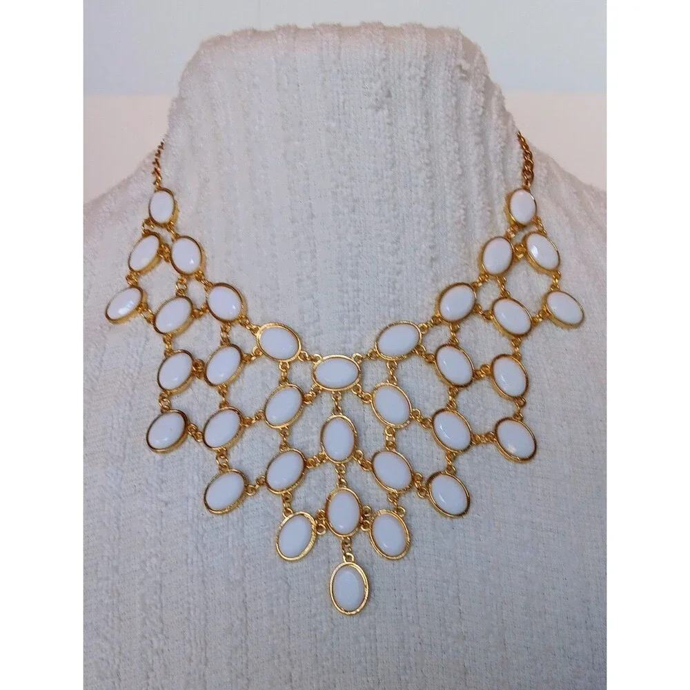 Vintage White Cabochon Bib Necklace Gold Tone Statement Necklace 16-19 in